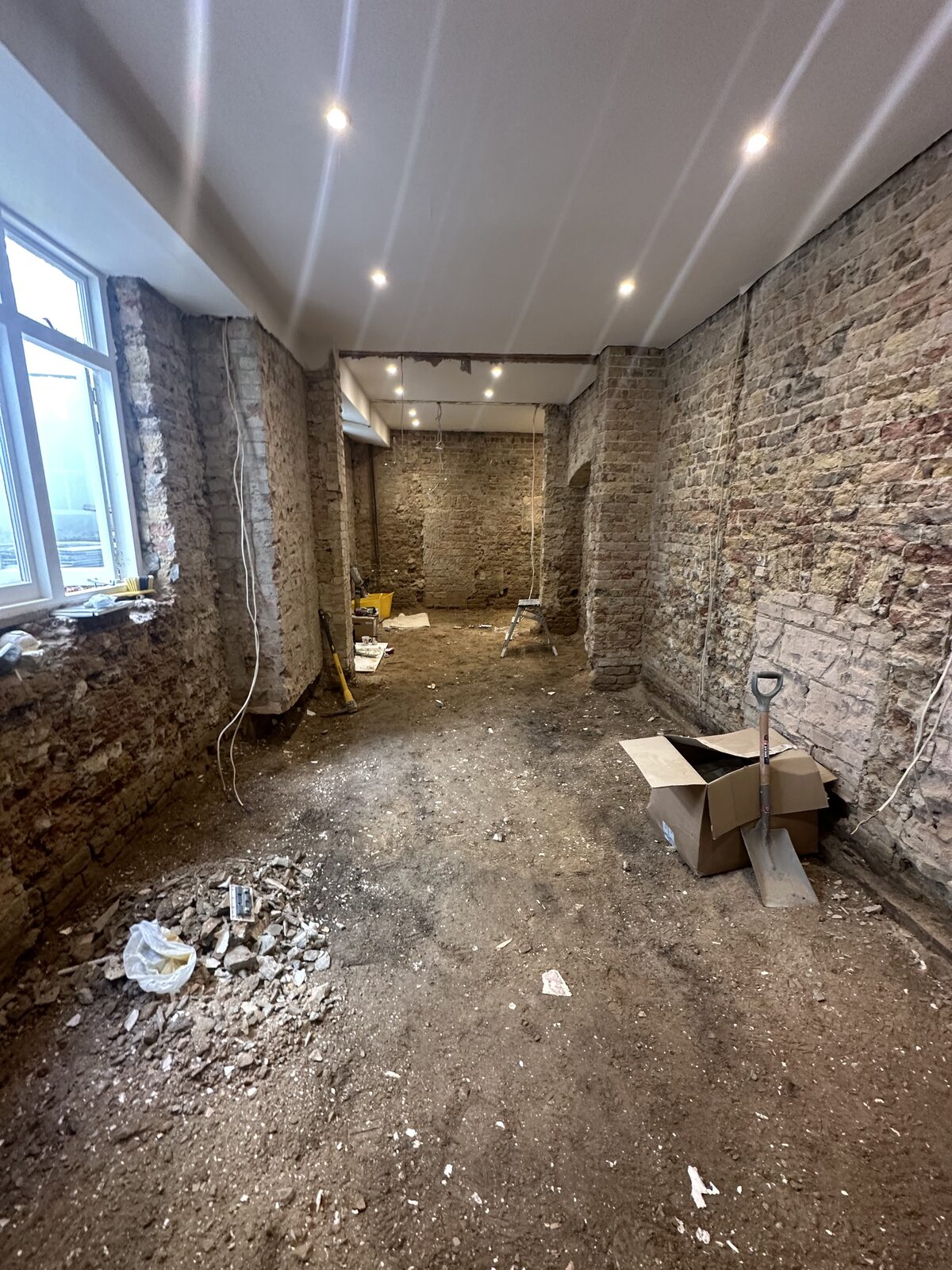 Basement strip-out — exposed brick walls and recessed lighting